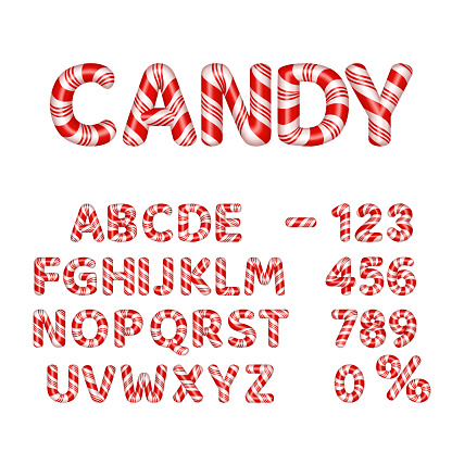 Candy alphabet and numbers with red and white stripes, isolated on white.
