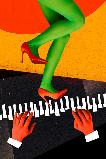 Female legs in green tights and red heels dancing on piano keys over multicolored background. Contemporary art collage. New Year. Concept of holidays, celebration, fun and joy, party, retro style