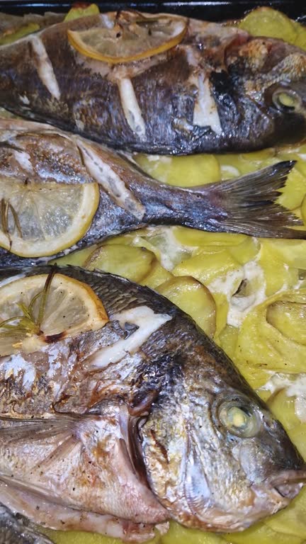 Sea Bream fish baked in a tray among potatoes with garlic lemon and rosemary. Tasty gilthead seafood, fresh cooked with hot steam coming out of meal