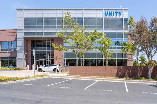 UNITY Biotechnology headquarters in South San Francisco, California, USA - June 7, 2023. Unity Biotechnology is an American biotechnology company that develops drugs that target senescent cells.