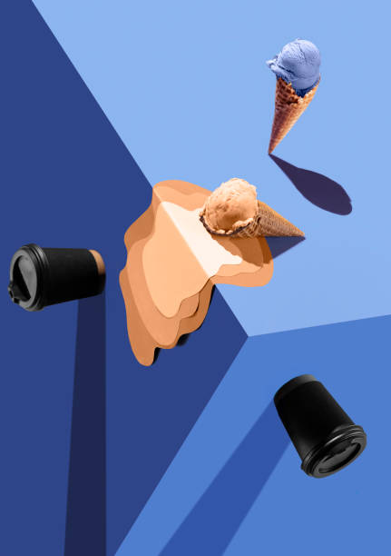 istock Coffee cups to go and melting ice cream in waffle cone over blue background. Creative collage. Minimal art 1874651144