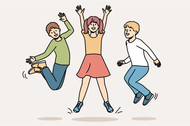 Vector illustration of Cheerful childrens jumping together and enjoying life symbolize happy childhood.