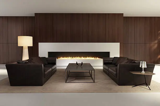 3d Contemporary interior, a living room with a flat gas fireplace and a wooden wall