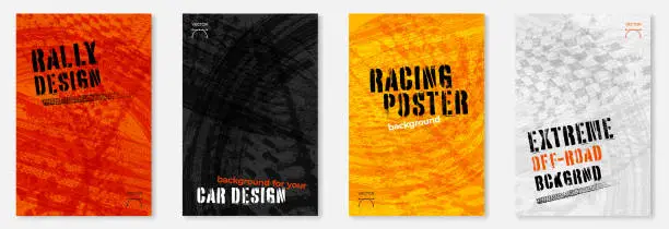 Vector illustration of Set of four grungy backgrounds with abstract tire tracks and chess flags