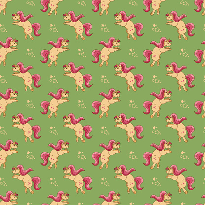 Seamless pattern with unicorn character. A cute unicorn stands on its hind legs. Cartoon doodle illustration.