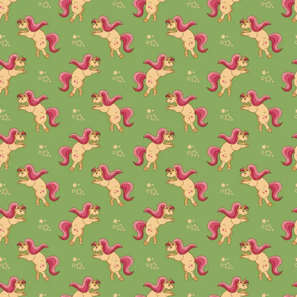 Vector illustration of Seamless pattern with unicorn character. A cute unicorn stands on its hind legs. Cartoon doodle illustration.
