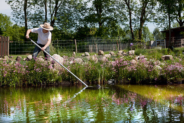 gardener with straw hat cleans pond