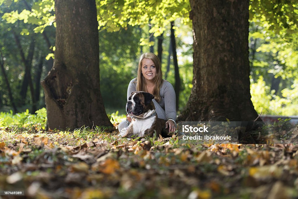 Women Playing With Dog Young Women Sitting Outdoors With Her Pet Dog German Boxer 20-29 Years Stock Photo