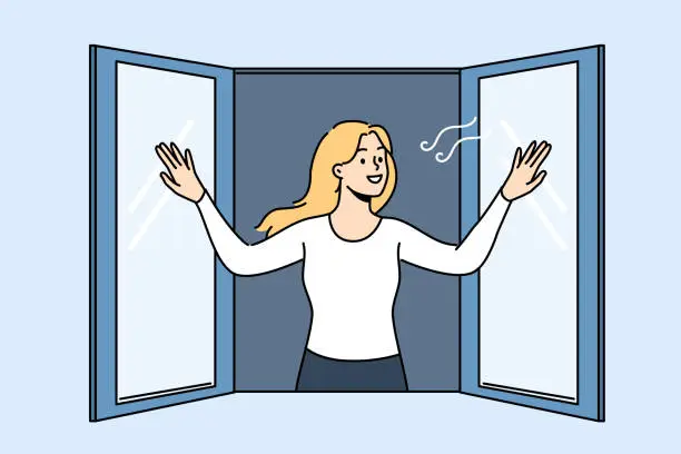 Vector illustration of Woman opens window enjoying fresh air coming from street in house, and smilingly looks at passers-by