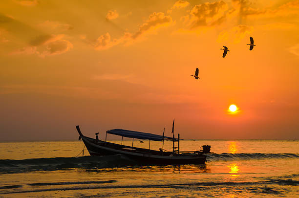 istock Small fishing boat with birds and sunsets 187471201