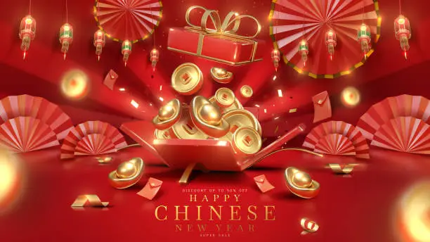 Vector illustration of Red luxury background with gold coin elements in an open gift box with 3D realistic Chinese New Year ornaments and glitter and bokeh effect decoration. Vector illustration.