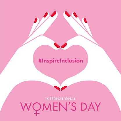 Women's Day card. Female hands shaping a heart symbol on pink background. The International Women's Day is a national day to fight for gender equality by the feminist movement. Stock illustration