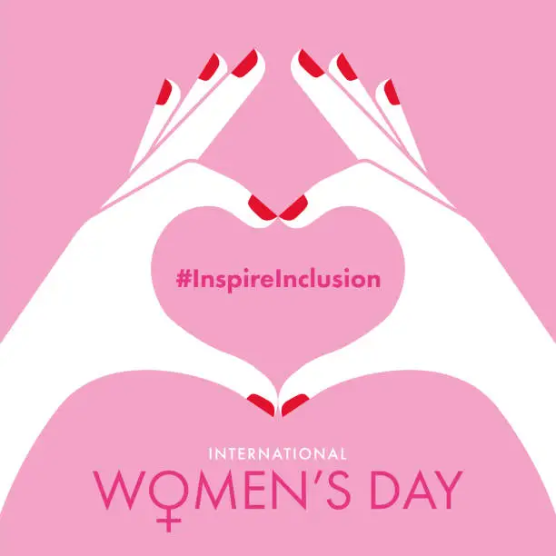 Vector illustration of Women's Day card. Female hands shaping a heart symbol on pink background.