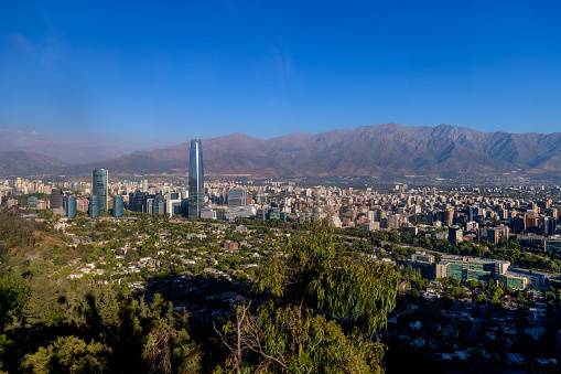 Aerial view of Sanhattan, the financial district of Santiago de Chile, at sunset