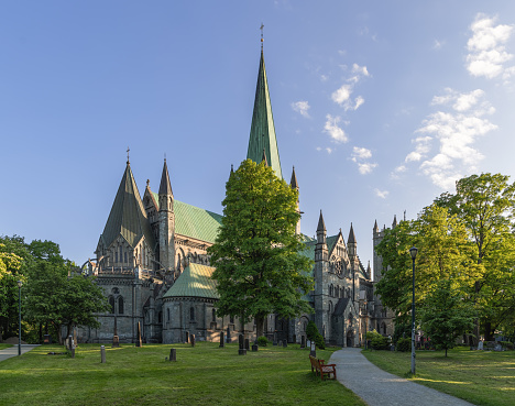 Nidaros Cathedral (Nidarosdomen) in Trondheim, Norway, enveloped by lush green trees and a well-maintained historical cemetery, under a pristine blue sky at sunset on a summer evening