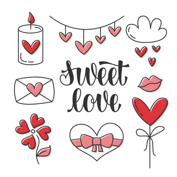 Vector illustration of Valentine Day Hand Drawn Doodles with Vector Lettering Sweet Love. Design Elements and Clipart for Valentines Day. Cute Illustration of Candle, Garland with Hearts, Heart Lollipop, Lips, Letter.