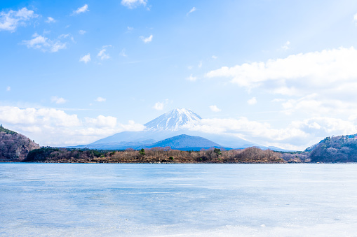 View of Mt. Fuji in winter at Lake Shoji, which is frozen. Lake Shoji is one of Fuji Five Lakes