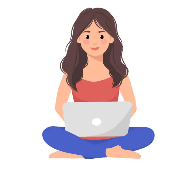 Vector illustration of Young girl with sitting on the floor and working with laptop. Vector illustration.