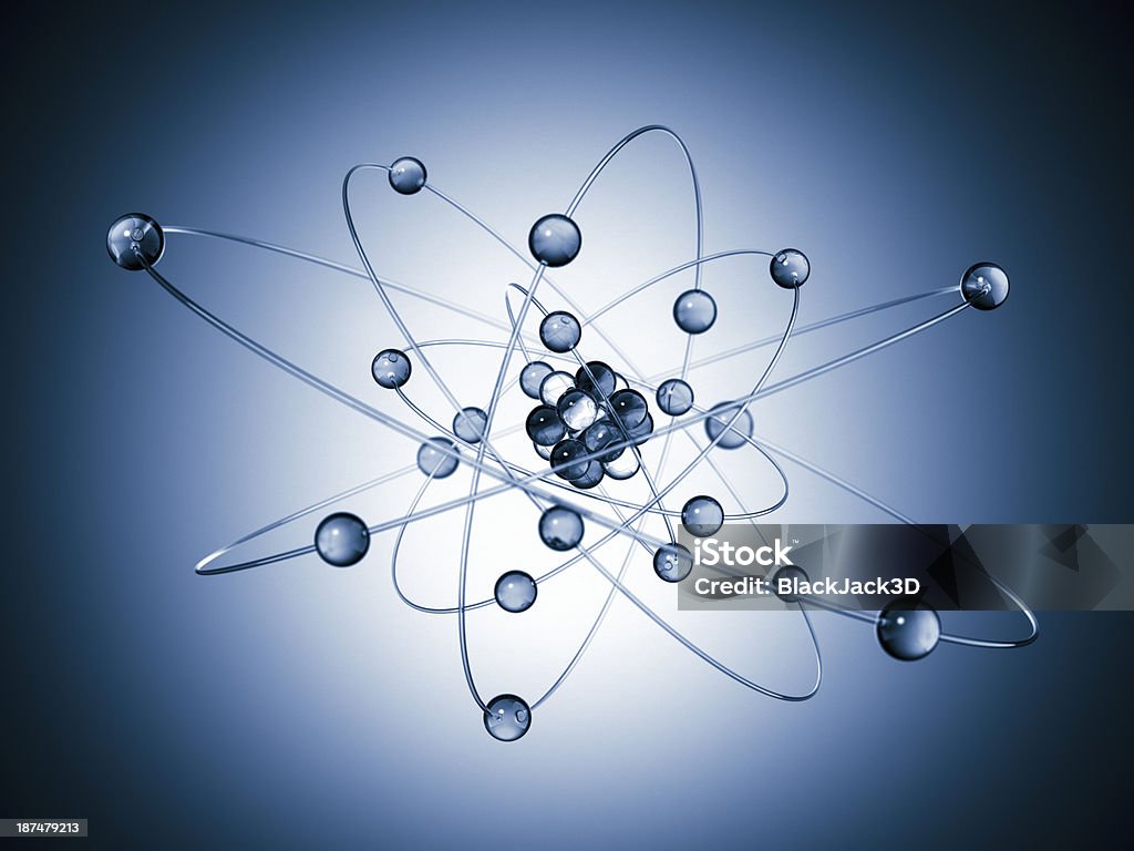 Blue atom water looking molecule Scientific background. 3D render. Atom Stock Photo
