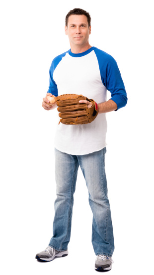Man with Baseball and Glove Isolated on White Background 