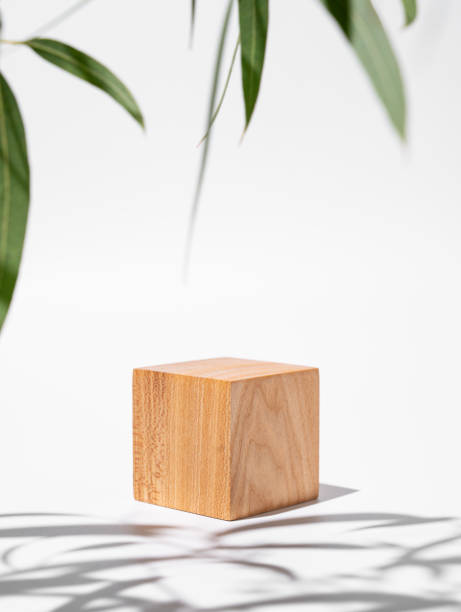 istock Empty wooden cube with shadows and green leaves on a white background. 1874810278