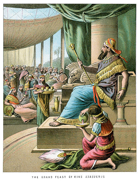 Grand Feast of King Ahasuerus Vintage colour lithograph from 1882 of Grand Feast of King Ahasuerus, from the Book of Esther esther bible stock illustrations