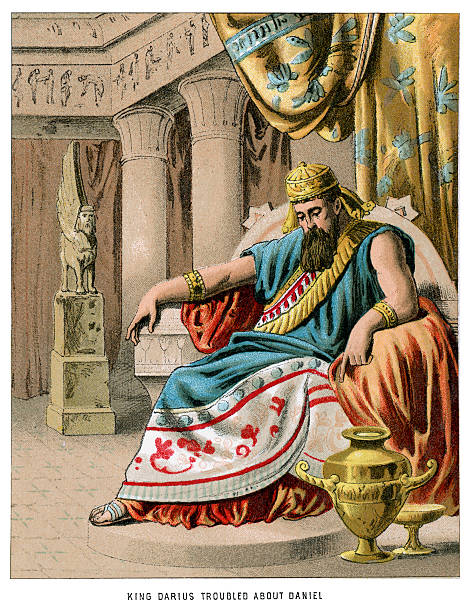 King Darius troubled about Daniel Vintage colour lithograph from 1882 of King Darius troubled about Daniel persian empire stock illustrations