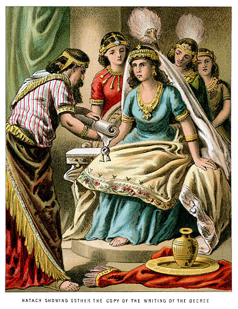 Hatach and Esther Vintage colour lithograph from 1882 of Hatach showing Esther the copy of the writing og the Decree, From the Book of Esther esther bible stock illustrations