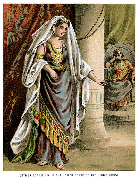 Esther standing in the Inner Court Vintage colour lithograph from 1882 of Esther standing in the Inner Court of the King's House esther bible stock illustrations