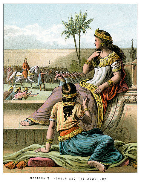 Mordecai's honour Vintage colour lithograph from 1882 of Mordecai's honour and the Jews joy esther bible stock illustrations