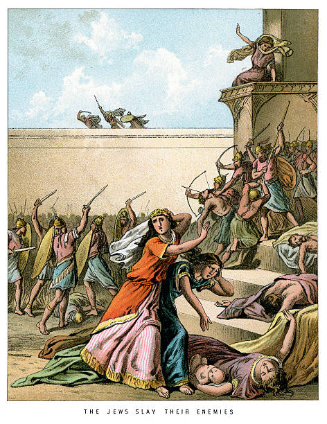 The jews slay their enemies Vintage colour lithograph from 1882 of The jews slay their enemies, from the Book of Esther esther bible stock illustrations