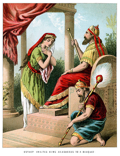 Esther invites King Ahasuerus Vintage colour lithograph from 1882 of Esther invites King Ahasuerus to a Banquet esther bible stock illustrations