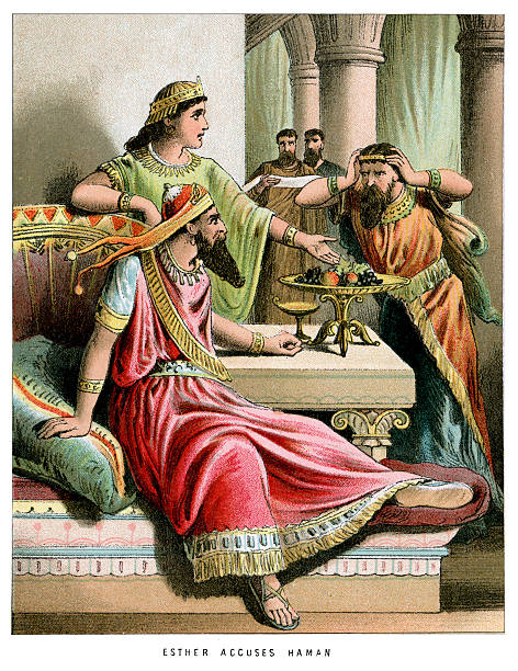 Esther accuses Haman Vintage colour lithograph from 1882 of Esther accuses Haman esther bible stock illustrations