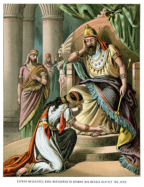 Esther beseeches King Ahasuerus Vintage colour lithograph from 1882 of Esther beseeches King Ahasuerus to revoke his decree against the Jews esther bible stock illustrations