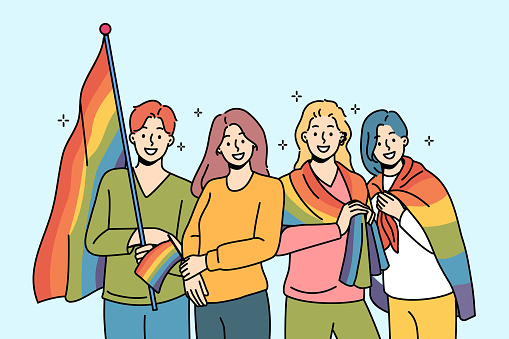 LGBT people with rainbow flags for gay parade are called to celebrate pride month and take part in queer festival. LGBT and LGBTq men and women promote free love or non-traditional values
