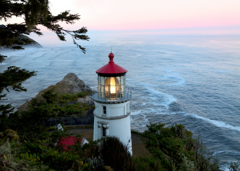 Heceta Head lighthouse in Pacific Ocean in State of Oregon, USA.