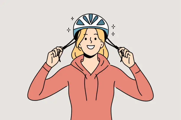 Vector illustration of Woman cyclist puts protective helmet on head before cycling to protect against injuries from falls