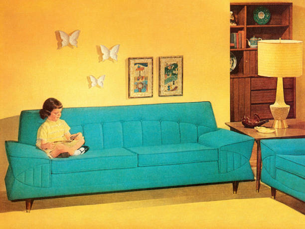 Girl Reading On Turquoise Couch Girl Reading On Turquoise Couch kitsch photos stock illustrations
