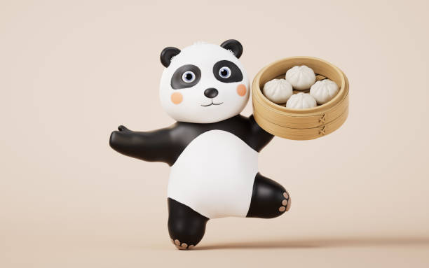 istock Cartoon panda and Chinese food baozi, 3d rendering. 1874837914