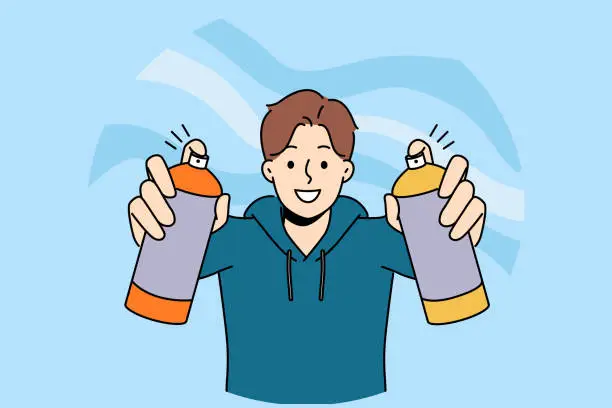 Vector illustration of Man street artist draws graffiti holding two cans of paint in hands and with smile looks at screen
