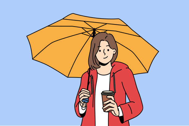 illustrations, cliparts, dessins animés et icônes de une femme tient un gobelet en plastique avec du café à emporter et un parapluie pour se protéger de la pluie pendant la promenade d’automne - rain women umbrella parasol