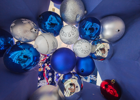 Close-up shot of Blue and Silver Christmas Ball