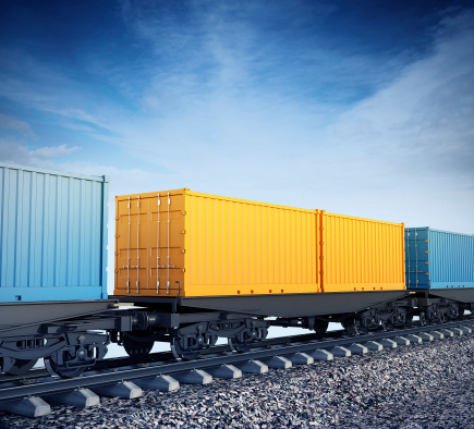 3d illustration of wagons of freight train on sky background