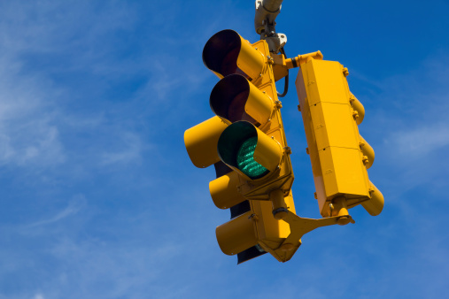 Suspended traffic light on green in New York City