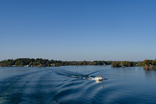 Speed-boat on the Neva river, St. Petersburd, Russia