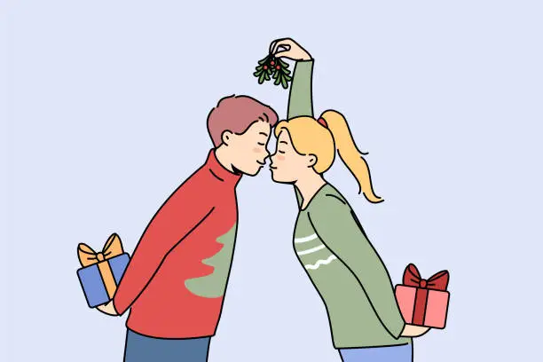 Vector illustration of Christmas couple with gift boxes kisses and holds fir cones in hands and exchange new year presents