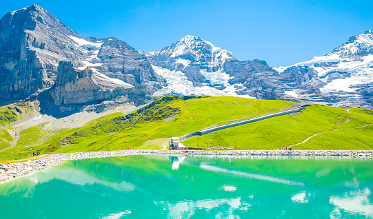 Swiss Alps and beautiful Fallbodensee mountain lake, Jungfrau region, Switzerland travel photo