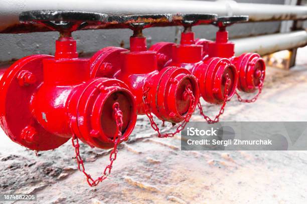 Fire Line Lid Four Red Fire Hydrants On A Fire Line On A Ship Stock Photo - Download ...