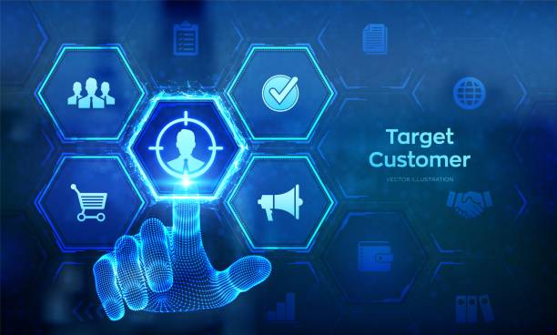 istock Target customer, Buyer persona, customer behavior concept on virtual screen. Marketing plan. Personalization marketing, customer centric strategies. Wireframe hand touching digital interface. Vector. 1874889905