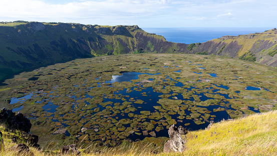 View of Crater lake of Rano Kau on Easter Island (Rapa Nui) in Chile.
